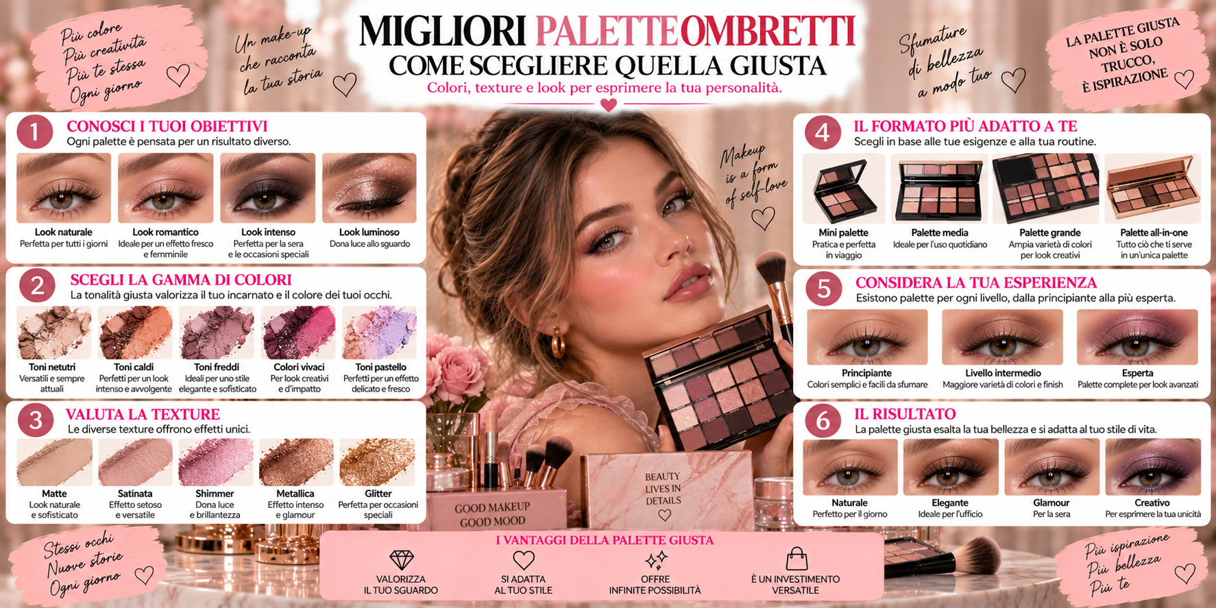 Palette di ombretti con tonalità neutre, matte, shimmer e luminose per creare diversi look occhi
