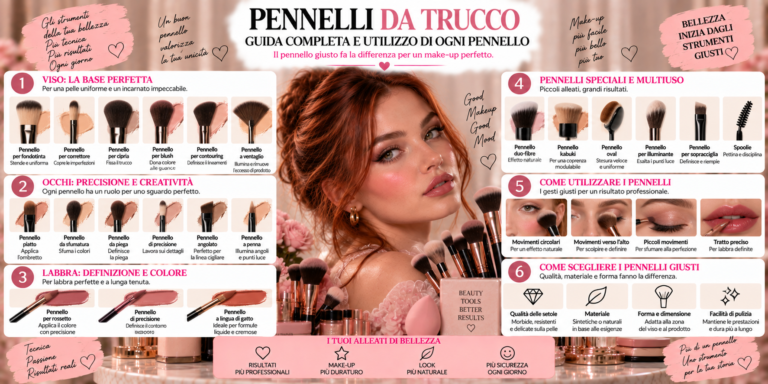 Pennelli da trucco professionali di diverse forme e dimensioni per viso, occhi, sopracciglia e labbra