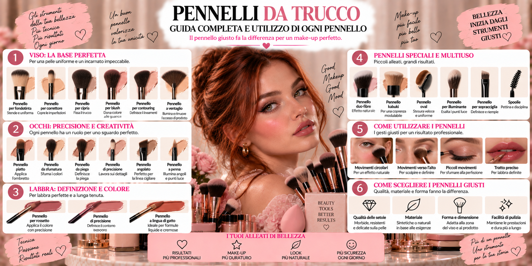 Pennelli da trucco professionali di diverse forme e dimensioni per viso, occhi, sopracciglia e labbra