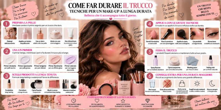Make-up completo a lunga durata con fondotinta, cipria, blush, trucco occhi e spray fissante