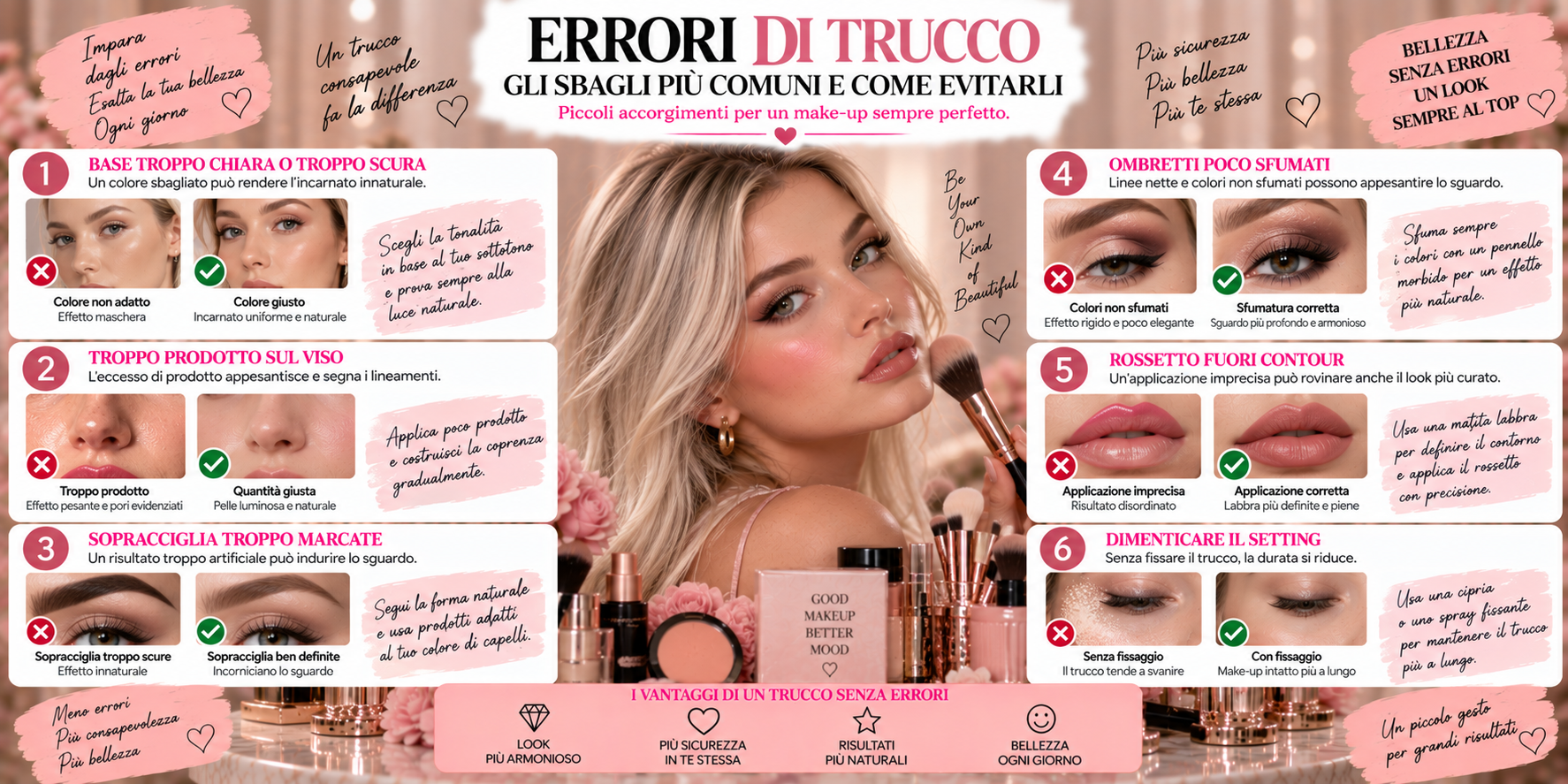 Errori di trucco comuni mostrati attraverso fondotinta, correttore, blush, ombretto e altri prodotti make-up
