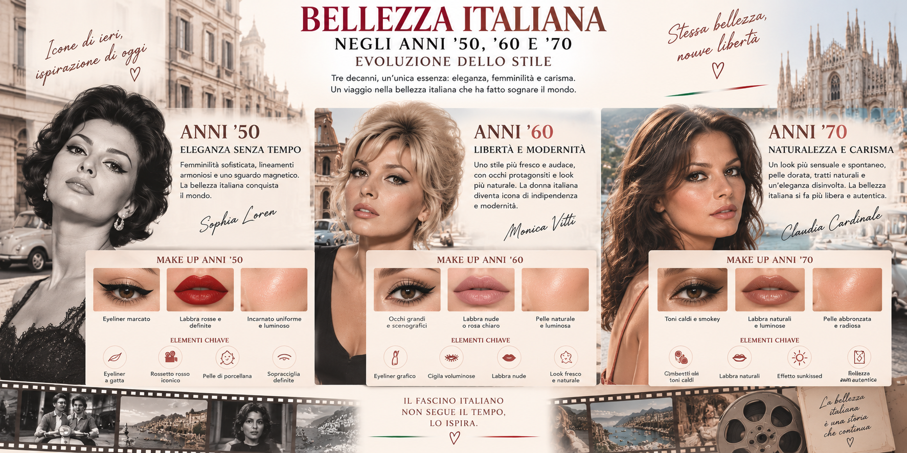 Evoluzione della bellezza italiana negli anni '50, '60 e '70 tra trucco, capelli e stile