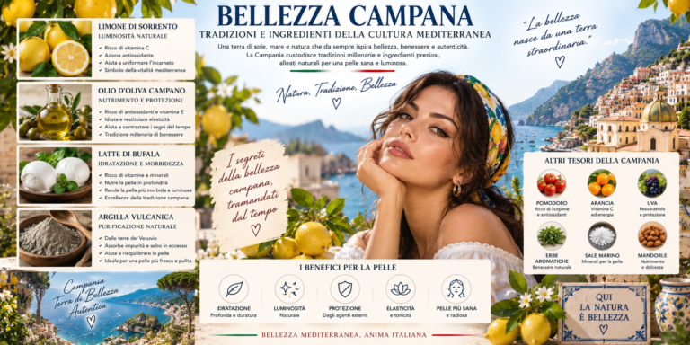 Bellezza Campana con limoni, olio d'oliva, erbe aromatiche e paesaggio mediterraneo