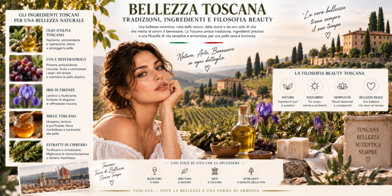 Bellezza toscana con olio d'oliva, uva, lavanda, iris e rituali beauty ispirati alla Toscana