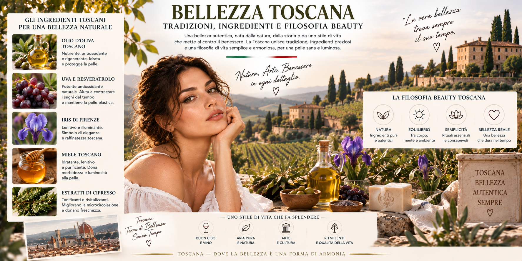 Bellezza toscana con olio d'oliva, uva, lavanda, iris e rituali beauty ispirati alla Toscana