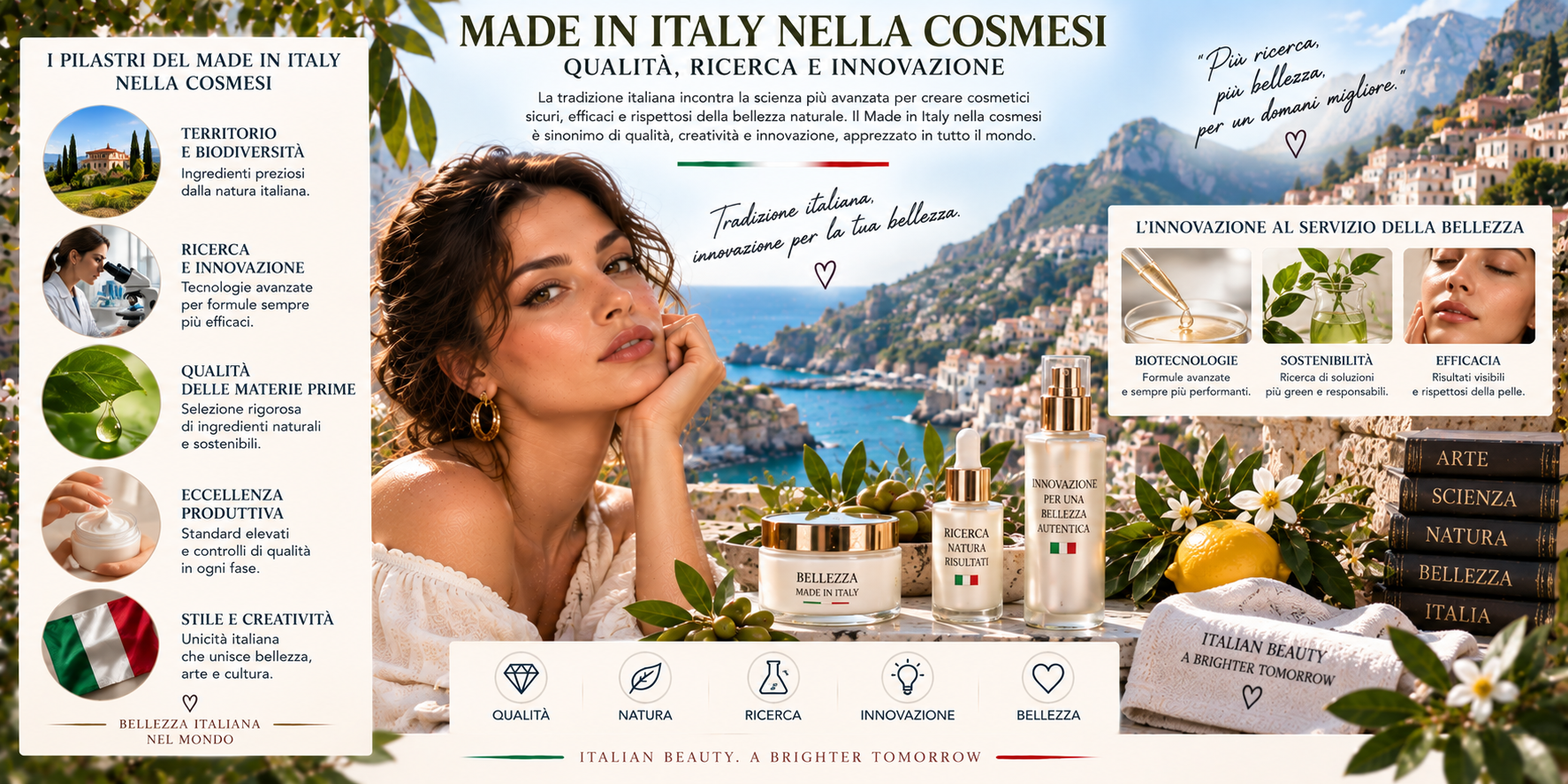 Made in Italy nella cosmesi con ricerca, produzione, innovazione, skincare, makeup e packaging italiano
