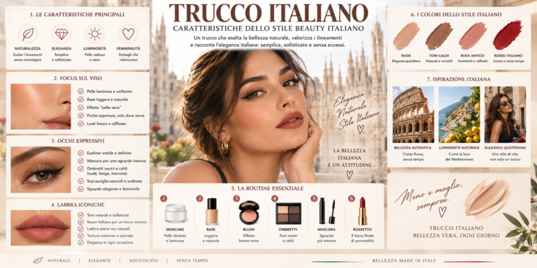 Trucco italiano tra pelle luminosa, eyeliner, rossetto rosso e stile beauty elegante