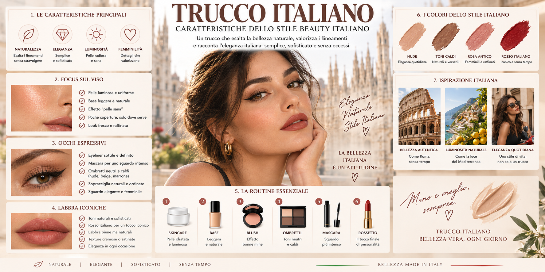 Trucco italiano tra pelle luminosa, eyeliner, rossetto rosso e stile beauty elegante