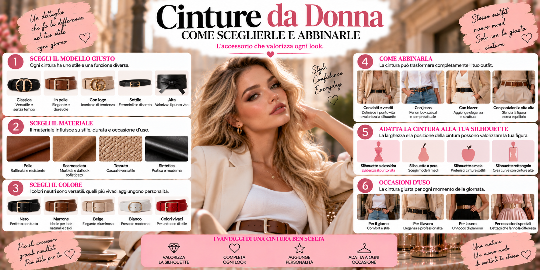 Cinture da donna in diversi modelli, colori e materiali abbinate a eleganti outfit femminili