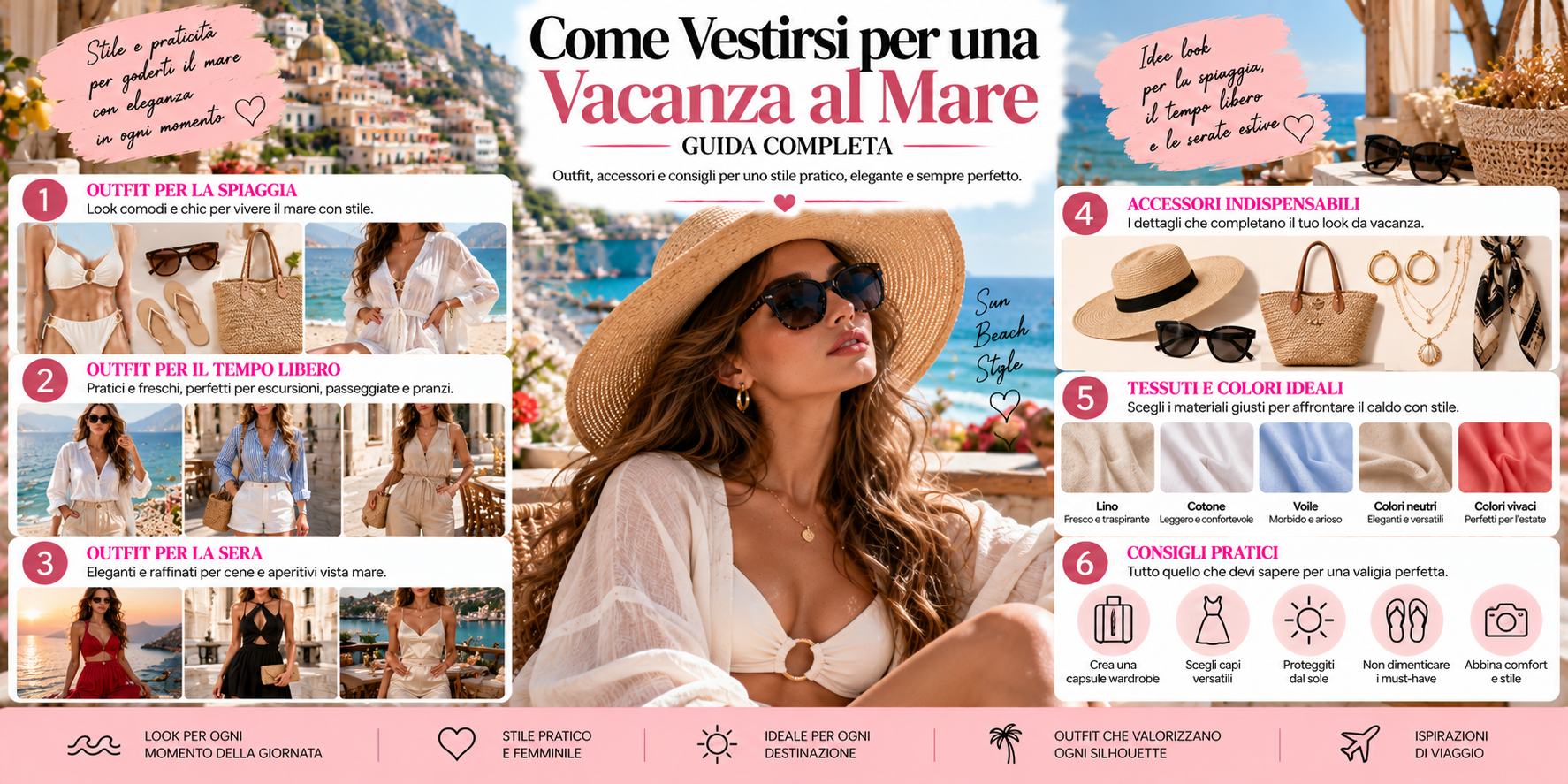 Donna con outfit elegante e leggero durante una vacanza al mare con abito estivo, sandali e borsa in paglia